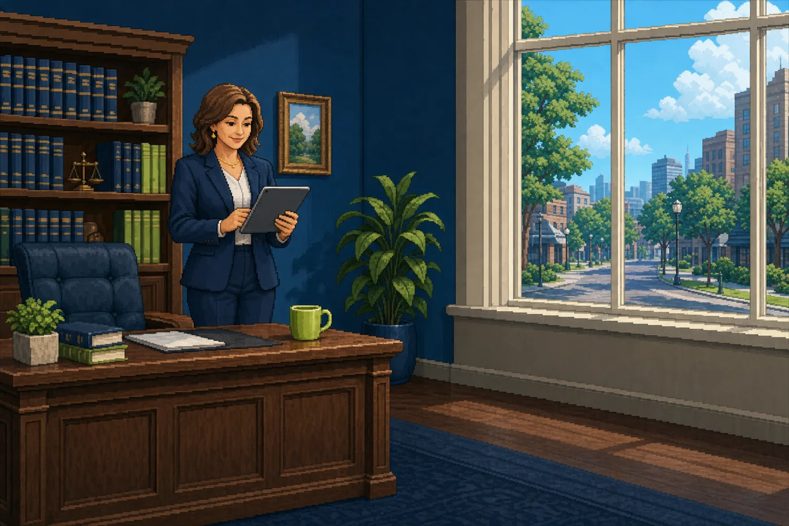 Illustration of a law firm owner reading a report on a tablet in her office